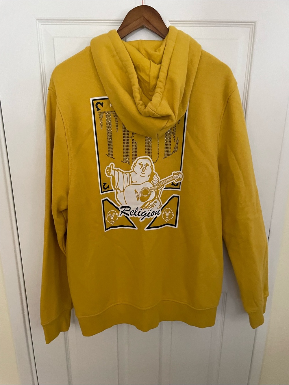 True Religion Yellow Radiant Buddha Rhinestone Zip Hoodie 2XL Y2K Oversized